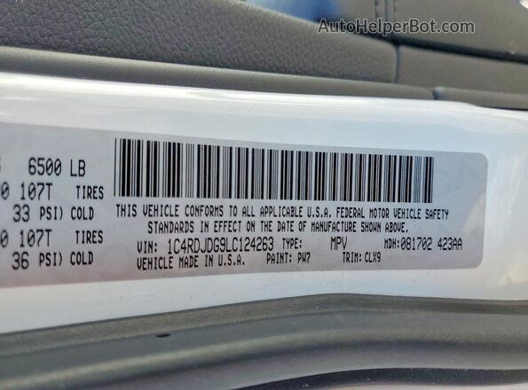 1C4RDJDG9LC124263 2020 DODGE DURANGO White 