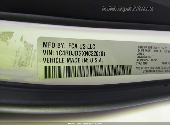 1C4RDJDGXNC220101 2022 DODGE DURANGO White Vista del compartimento del motor