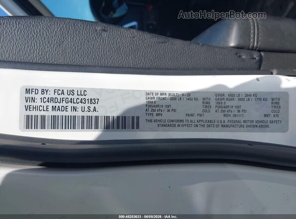 1C4RDJFG4LC431837 2020 DODGE DURANGO White Engine compartment view