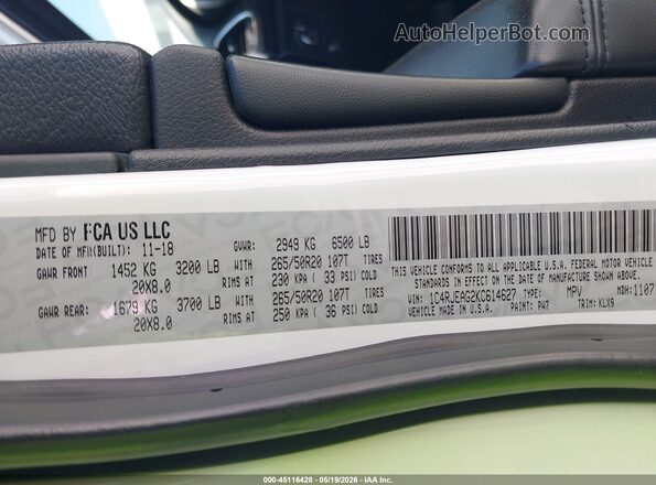 1C4RJEAG2KC614627 2019 JEEP GRAND CHEROKEE White Widok komory silnika