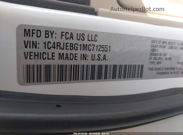 1C4RJEBG1MC712551 2021 JEEP GRAND CHEROKEE White Vista del compartimento del motor