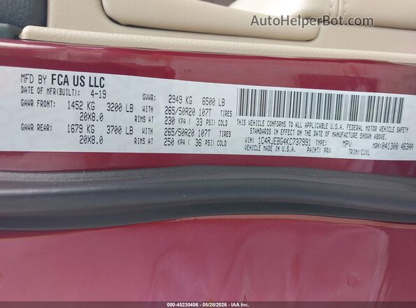 1C4RJEBG4KC737991 2019 JEEP GRAND CHEROKEE Burgundy Engine compartment view