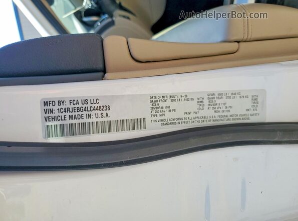 1C4RJEBG4LC448238 2020 JEEP GRAND White VIN კოდის სტიკერის ხედი