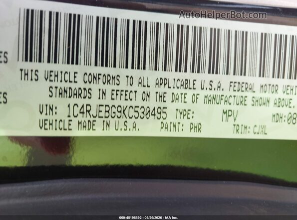 1C4RJEBG9KC530495 2019 JEEP GRAND CHEROKEE Dark Blue ძრავის განყოფილების ხედი