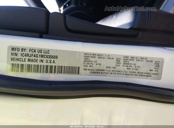 1C4RJFAG1MC635669 2021 JEEP GRAND CHEROKEE White 