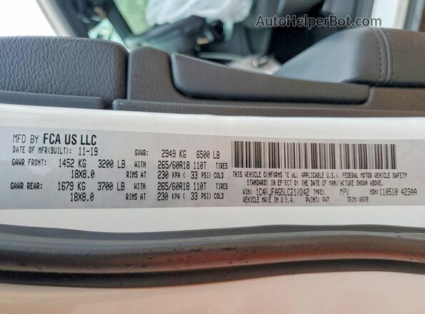 1C4RJFAG5LC210342 2020 JEEP GRAND Белый Панорамный вид салона 360°