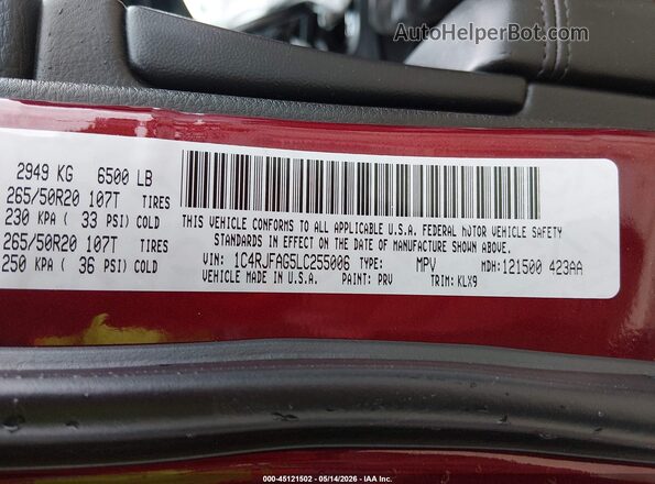 1C4RJFAG5LC255006 2020 JEEP GRAND CHEROKEE Burgundy Vista del compartimento del motor