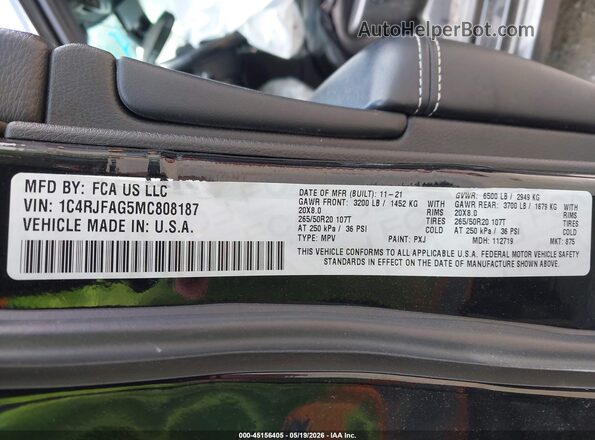 1C4RJFAG5MC808187 2021 JEEP GRAND CHEROKEE Black Engine compartment view