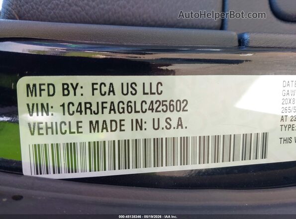 1C4RJFAG6LC425602 2020 JEEP GRAND CHEROKEE Black Вид підкапотного простору