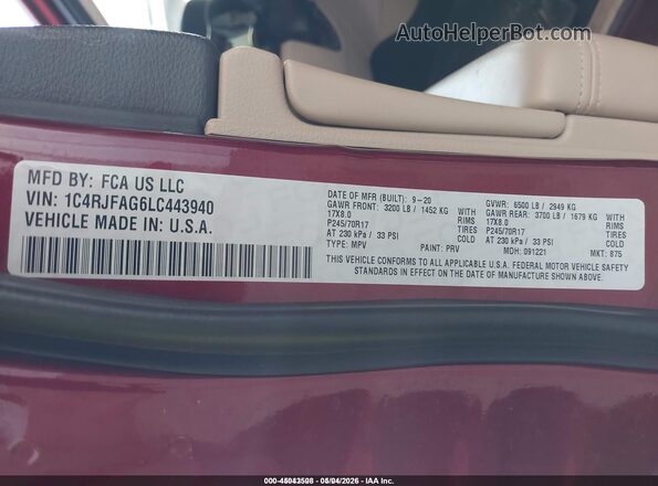 1C4RJFAG6LC443940 2020 JEEP GRAND CHEROKEE Maroon Շարժիչի բաժամունքի տեսք