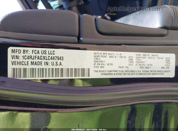 1C4RJFAGXLC447943 2020 JEEP GRAND CHEROKEE Black Շարժիչի բաժամունքի տեսք