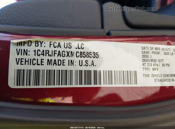1C4RJFAGXMC858535 2021 JEEP GRAND CHEROKEE Maroon ძრავის განყოფილების ხედი