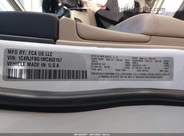 1C4RJFBG1MC802157 2021 JEEP GRAND CHEROKEE White Вид підкапотного простору