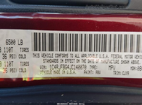 1C4RJFBG4JC140070 2018 JEEP GRAND CHEROKEE Burgundy Շարժիչի բաժամունքի տեսք