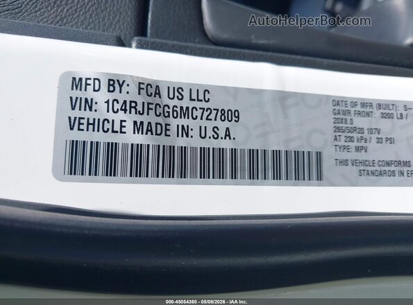 1C4RJFCG6MC727809 2021 JEEP GRAND CHEROKEE White Engine compartment view