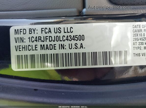 1C4RJFDJ0LC434500 2020 JEEP GRAND CHEROKEE Black Շարժիչի բաժամունքի տեսք