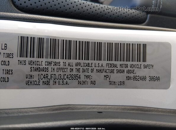 1C4RJFDJ3JC426954 2018 JEEP GRAND CHEROKEE White ძრავის განყოფილების ხედი