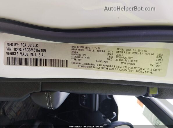 1C4RJKAG3M8162109 2021 JEEP GRAND CHEROKEE L Белый Вид подкапотного пространства