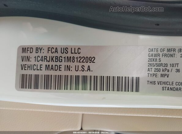 1C4RJKBG1M8122092 2021 JEEP GRAND CHEROKEE L White 