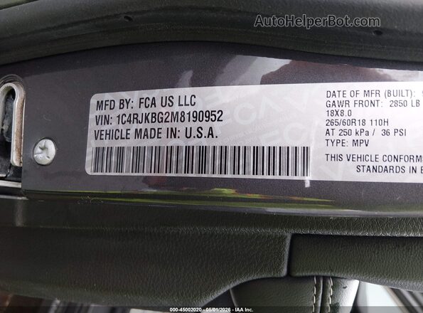 1C4RJKBG2M8190952 2021 JEEP GRAND CHEROKEE L Gray Շարժիչի բաժամունքի տեսք