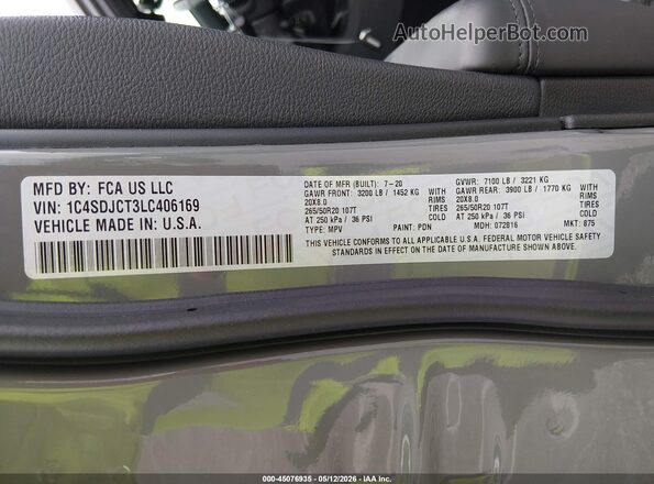 1C4SDJCT3LC406169 2020 DODGE DURANGO Gray Vista del compartimento del motor