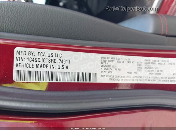 1C4SDJCT3RC174911 2024 DODGE DURANGO Burgundy ძრავის განყოფილების ხედი