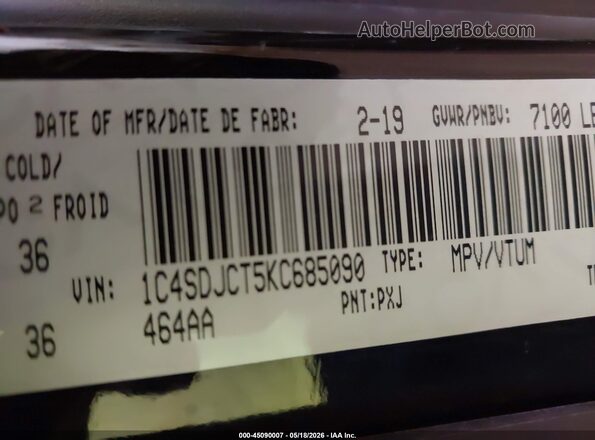 1C4SDJCT5KC685090 2019 DODGE DURANGO Black Vista del compartimento del motor