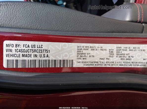 1C4SDJCT5RC237751 2024 DODGE DURANGO Темно-бордовый Вид подкапотного пространства