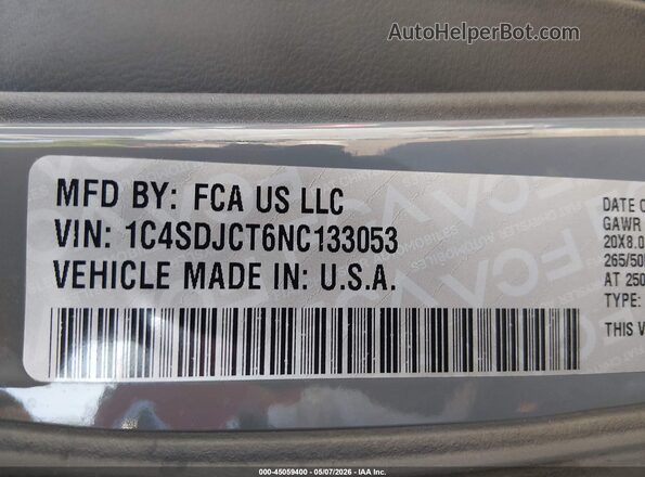 1C4SDJCT6NC133053 2022 DODGE DURANGO Gray Շարժիչի բաժամունքի տեսք