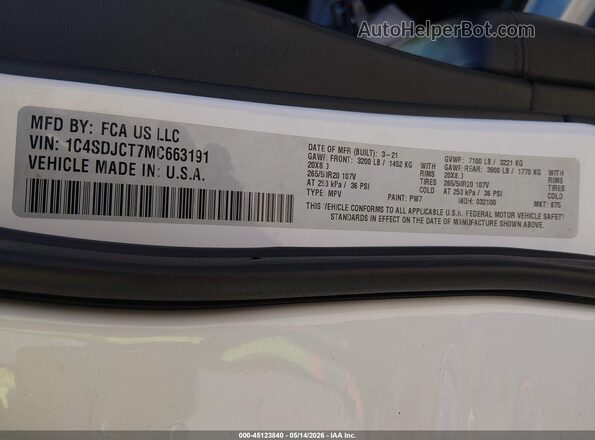 1C4SDJCT7MC663191 2021 DODGE DURANGO White Engine compartment view