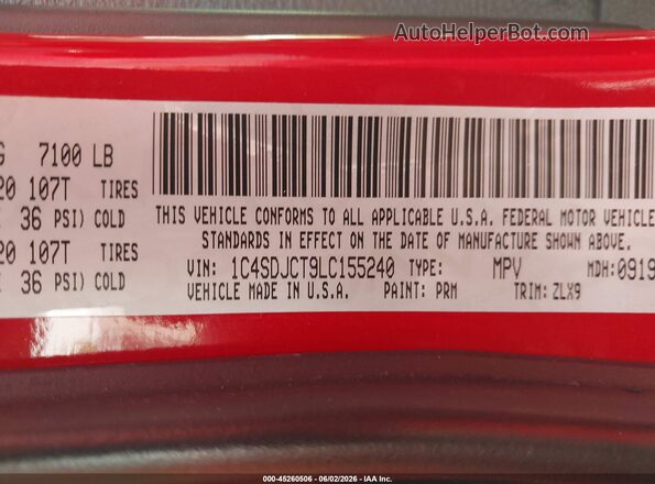 1C4SDJCT9LC155240 2020 DODGE DURANGO Red Vista del compartimento del motor