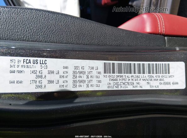 1C4SDJCTXKC781524 2019 DODGE DURANGO Gray 