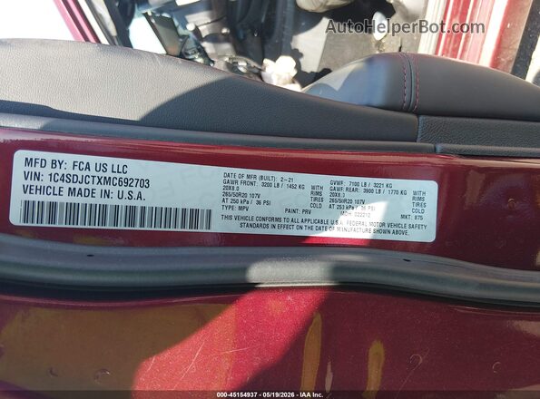1C4SDJCTXMC692703 2021 DODGE DURANGO Maroon Շարժիչի բաժամունքի տեսք