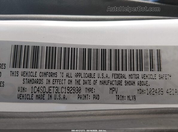 1C4SDJET3LC192930 2020 DODGE DURANGO White Vista del compartimento del motor