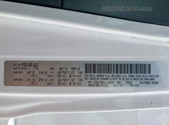 1C6HJTAG1LL130263 2020 JEEP GLADIATOR White 