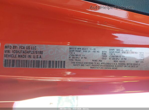 1C6HJTAG4PL578180 2023 JEEP GLADIATOR Orange Widok komory silnika