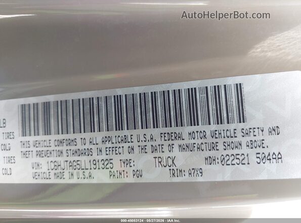 1C6HJTAG5LL191325 2020 JEEP GLADIATOR Brown Widok komory silnika