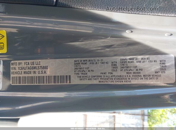 1C6HJTAG6ML575860 2021 JEEP GLADIATOR Gray Vista del compartimento del motor