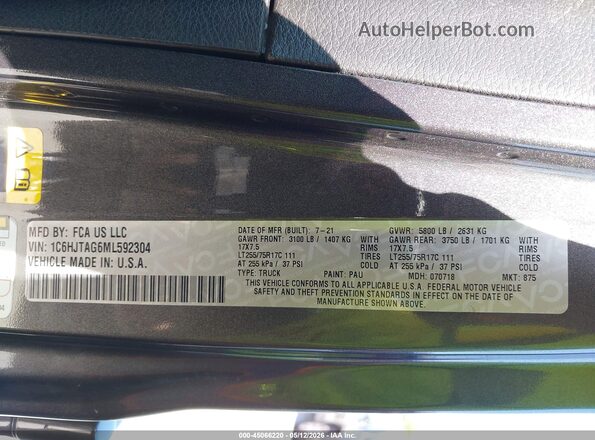 1C6HJTAG6ML592304 2021 JEEP GLADIATOR Black 