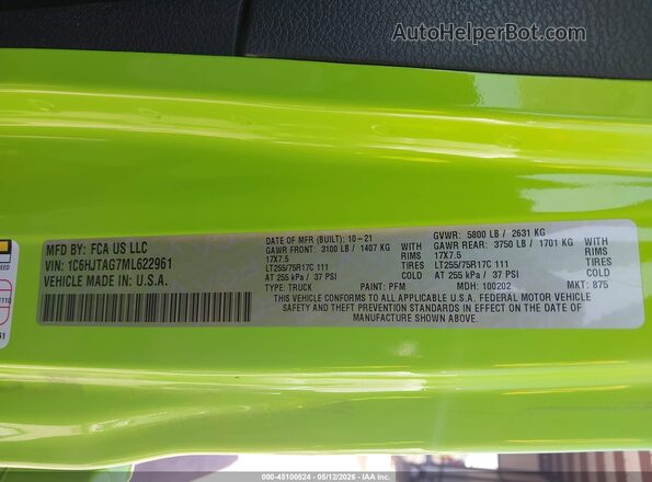 1C6HJTAG7ML622961 2021 JEEP GLADIATOR Green Вид підкапотного простору