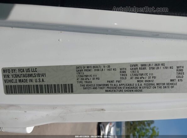 1C6HJTAG8ML518141 2021 JEEP GLADIATOR White ძრავის განყოფილების ხედი
