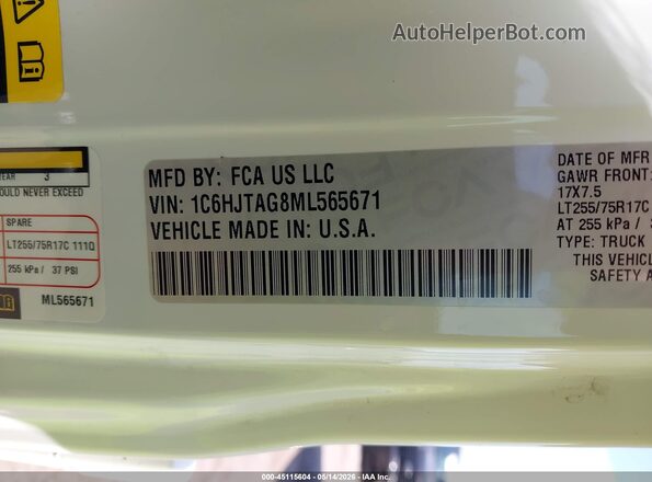1C6HJTAG8ML565671 2021 JEEP GLADIATOR White Вид підкапотного простору