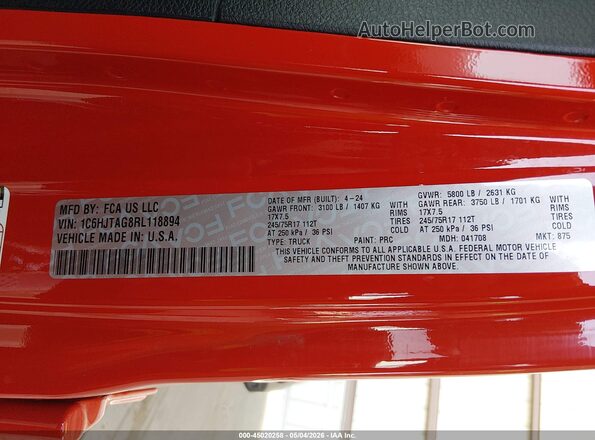 1C6HJTAG8RL118894 2024 JEEP GLADIATOR Red Widok komory silnika