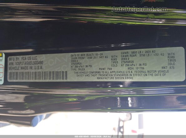 1C6PJTAG8SL500490 2025 JEEP GLADIATOR Black Շարժիչի բաժամունքի տեսք