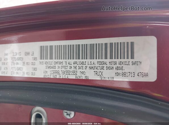 1C6RR6LT6KS521552 2019 RAM 1500 CLASSIC Burgundy Engine compartment view