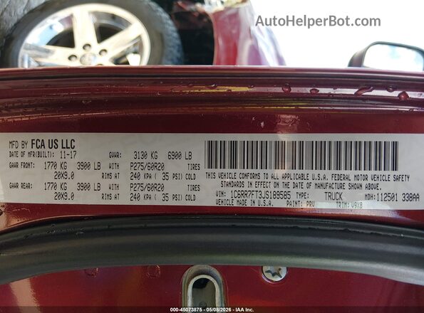 1C6RR7FT3JS189585 2018 RAM 1500 Maroon ძრავის განყოფილების ხედი