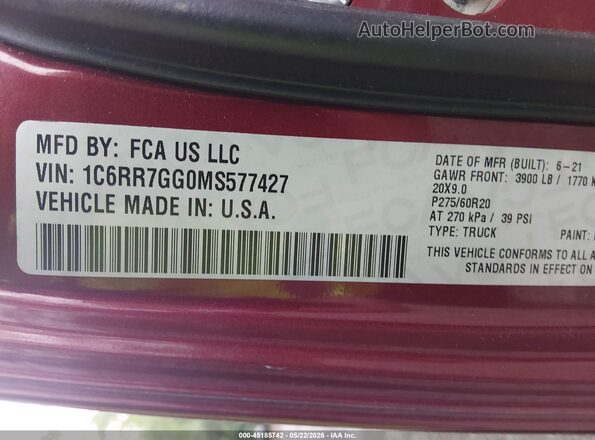 1C6RR7GG0MS577427 2021 RAM 1500 CLASSIC Red Vista del compartimento del motor