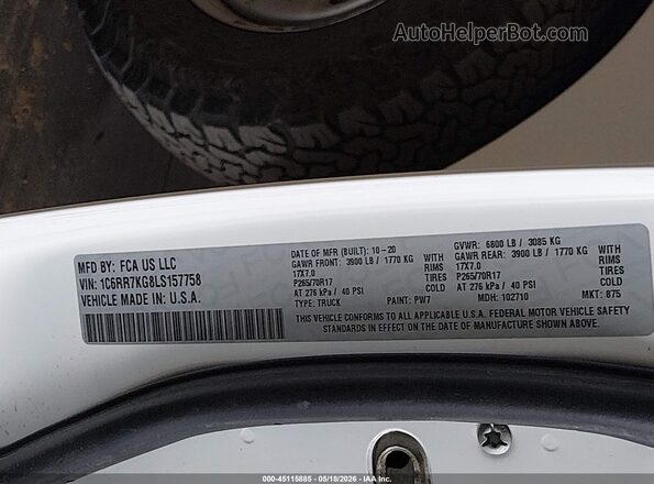 1C6RR7KG8LS157758 2020 RAM 1500 CLASSIC White Engine compartment view