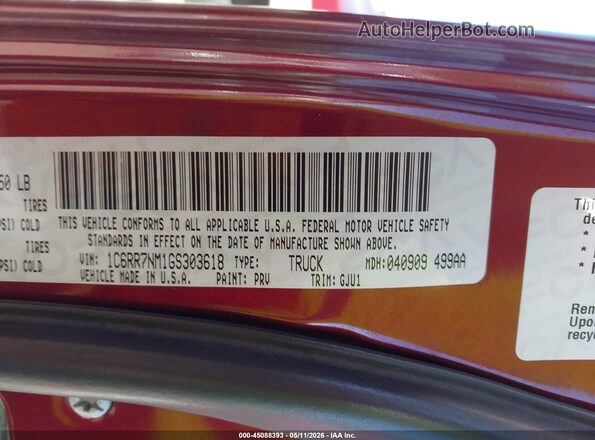 1C6RR7NM1GS303618 2016 RAM 1500 Red 