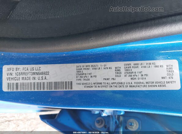 1C6RREFT3MN646922 2021 RAM 1500 Синий Вид подкапотного пространства
